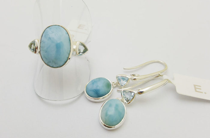 LARIMAR & BLUE TOPAZ RING, EARRINGS